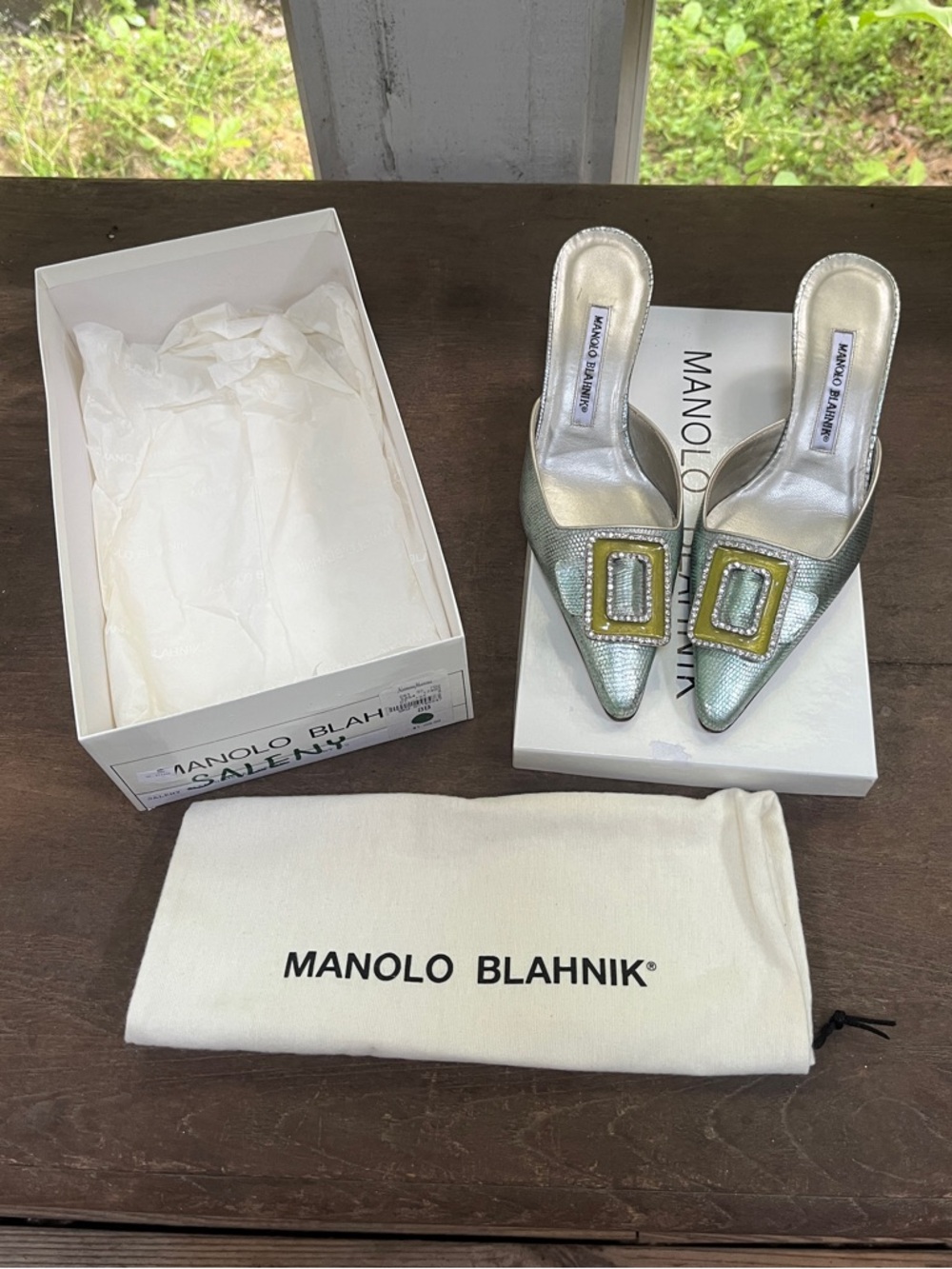 Rare, Signed! Manolo Blahnik Aqua Metallic Pointed Mules w/ Jeweled Buckle